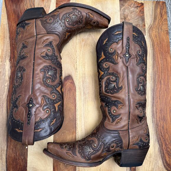 Lucchese M5015 Women’s Fiona Scarlette Cafe Brown Calf Stud Cowboy Western boots - Picture 5 of 13